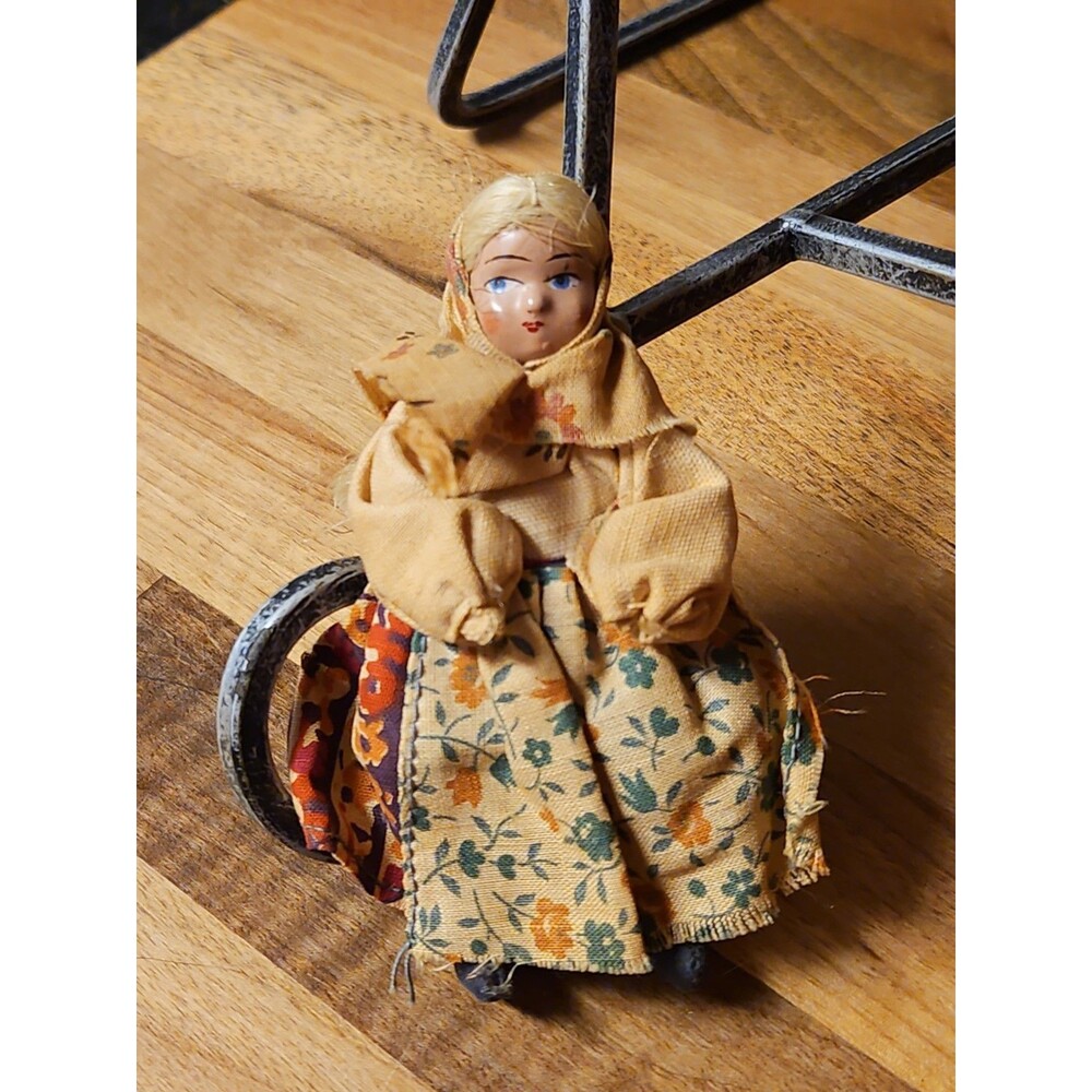 Vintage 1940s Polish Rag Doll Painted Face Russian Babushka Folk Art 4.25"